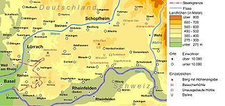 Dinkelberg zwischen Wiesental im Nordwesten und Norden,Wehratal im Osten und Rheintal im Süden und Südwesten