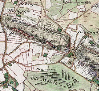 Der Huckberg um 1850, mehrere Steinbrüche sind auf der Karte eingezeichnet