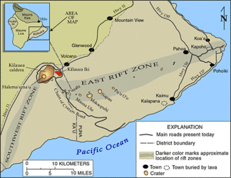 Lage des Kīlauea, schematischer Überblick mit Caldera und Riftzonen