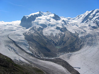 Monte Rosa mit Gorner- und Grenzgletscher, Nordend und Dufourspitze