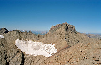Blick vom Gatschkopf auf die Südost- und Nordostwand der Parseierspitze mit dem Grinner Ferner