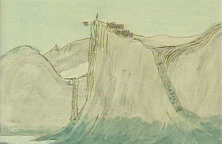 Ein Wikinger wird vom Gipfel des Pisissarfik geworfen. Aquarell von Aron von Kangeq (1822-1869)