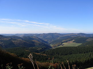 Blick vom Härdler nordwestwärts über Milchenbach hinwegzu den Saalhauser Bergen
