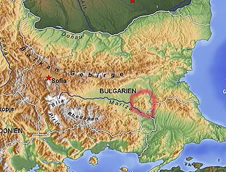 Sakar-Gebirge (roter Kreis) in Bulgarien