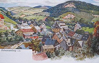 Rockelmann mit zwei Steinbrüchen über der Vorstadt von Schwarzenberg