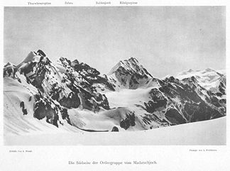 Südwestseite der Ortlergruppe mit Thurwieserspitze, Zebru und Königsspitze, etwa 1880