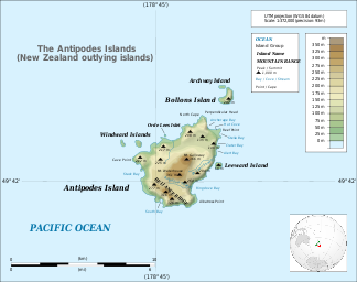 Topographische Karte der Antipoden-Inseln