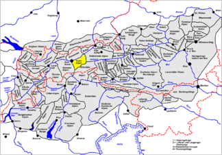 Lage der Tuxer Alpen innerhalb der Ostalpen