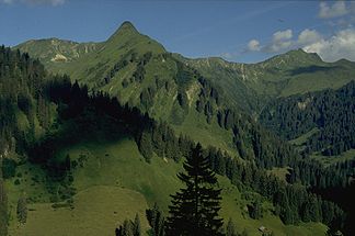 Uhnspitz (die grasige Bergspitze etwas links der Bildmitte) von Osten, vom Aufstieg zum Bärenkopf