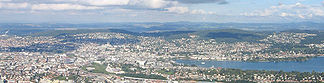 Blick vom Uetliberg auf die besiedelte Westflanke des Adlisbergs (rechts der Bildmitte)