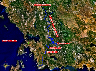 Verlauf des Flusses Acheloos in Griechenland (modifiziertes Satellitenbild aus Nasa World Wind.