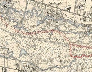 der Bauerngraben in der Burgaue (1907) und die Neue Luppe (rot gestrichelte Linie)[1]