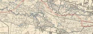 Die Elster-Luppe-Aue (1907) und die Neue Luppe (rot gestrichelte Linie)[3]
