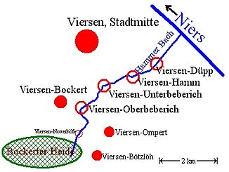 Der Verlauf des Hammer Bachs im Viersener Stadtgebiet.