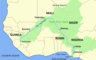 Flusslauf des Niger mit dem Flusseinzugsgebiet (grün)