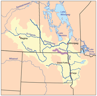 Einzugsgebiet des Red River of the North, der Pembina River ist hervorgehoben