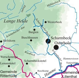 Der Scharmbecker Bach mündet etwa bei Kilometer 5,1 in die Hamme.