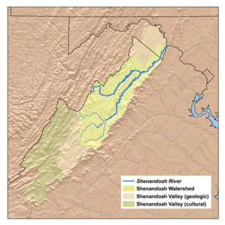 Entwässerungsgebiet des Shenandoah (links West Virginia, rechts unten Virginia, rechts oben Maryland