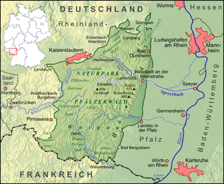 Verlauf des Speyerbachs durch Pfälzerwald und Rheinebene zum Rhein