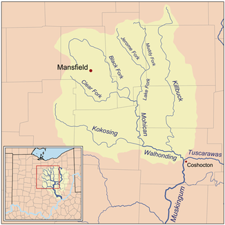 Karte des Killbuck Creeks innerhalb des Einzuggebiets des Walhonding Rivers.