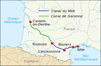 Verlauf des Canal latéral à la Garonne (grüne Linie)