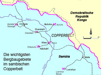 Die wichtigsten Bergbaugebiete im sambischen Copperbelt