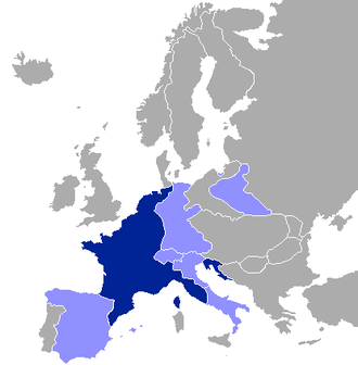 Das Erste Kaiserreich (dunkelblau) mit Satellitenstaaten (hellblau)