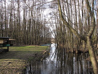 Abfluss (Zühlowgraben oder Schustergraben) des Machnower Sees beim Anglerhäuschen des Angelvereins Groß Machnow