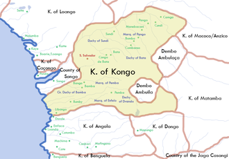 Königreich Kongo in den Grenzen um 1711. Das Reich befand sich zu diesem Zeitpunkt auf dem heutigen Staatsgebiet von Angola, der DR Kongo und der Republik Kongo
