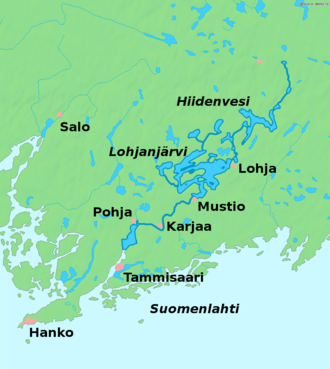 Karte über Hiidenvesi, Lohjanjärvi und Karjaanjoki