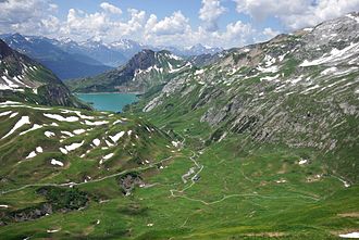 Blick über den Spullersee Richtung Rätikon mit Drusenfluh, Drei Türme, Zimba und Schesaplana