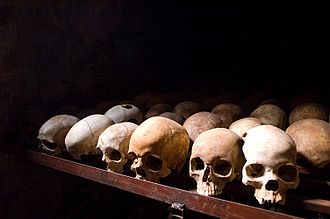 Schädel in der Nyamata Gedenkstätte in der Nähe von Kigali, der Hauptstadt von Ruanda