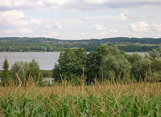 Blick vom Westufer, im Hintergrund das Dorf Warnitz