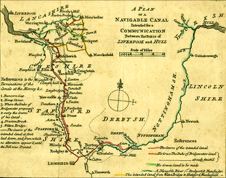 Karte des Kanals (rot) aus der Zeit des Projektstadiums