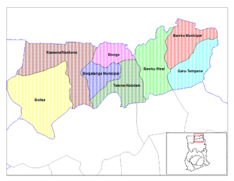 Lage des Distrikts Bolgatanga Municipal District innerhalb der Upper East Region