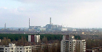 Das Kernkraftwerk Tschernobyl, aufgenommen von Prypjat aus.