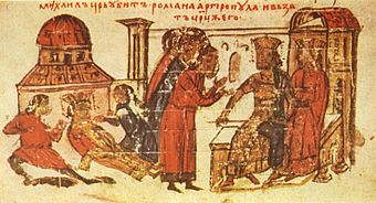 Miniatur 67 aus der Manasses Chronik, 14. Jhd, Ermordung von Romanos III. auf Befehl Michaels IV.