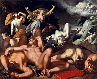 Apollo und Artemis schießen Pestpfeile auf die Kinder der Niobe, Gemälde von Abraham Bloemaert