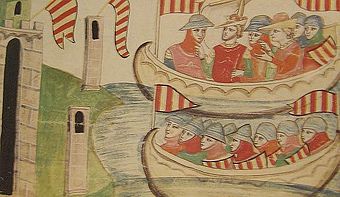 Peters Flotte landet in Trapani, Peter trägt eine Krone (Biblioteca Vaticana)