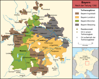 Die vier bayerischen Teilherzogtümer (inkl. das von der Teilung nicht betroffenen Straubinger Ländchen) nach der Landesteilung von 1392