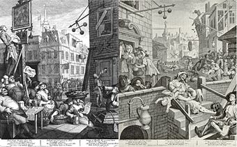 William Hogarth: Beer Street (links) und Gin Lane (rechts)