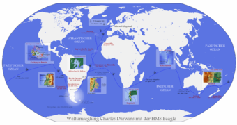 Die Stationen von Charles Darwins Weltumsegelung an Bord der HMS Beagle von 1831 bis 1836