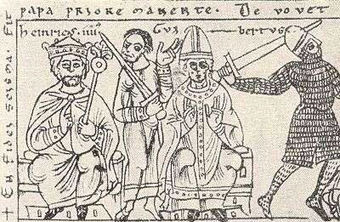 Gegenpapst Clemens III. (mitte) mit Heinrich IV. (links) und der kaiserliche Schwertträger Pfalzgraf Hermann II. von Lothringen, Abbildung aus Codex Jenensis Bose q.6 (1157)