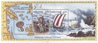 Die Wikingerzeit auf einem Briefmarkenblock der Färöer 2002
