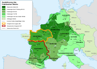 Das Frankenreich 481 bis 814, der mit der Schlacht von Soissons eroberte Teil ist orange umrandet