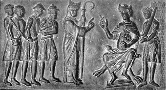 Boleslav II., der Fromme auf einem Segment der Gnesener Bronzetür: Das Relief zeigt Verhandlungen mit Adalbert von Prag zum Freikauf von Christensklaven