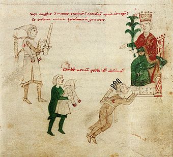 Richard Löwenherz küsst die Füße Heinrichs VI., aus Liber ad honorem Augusti des Petrus de Ebulo, 1196