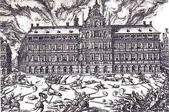 Der Brand des Rathauses von Antwerpen während der „Spanischen Furie“ (Bild von Frans Hogenberg)