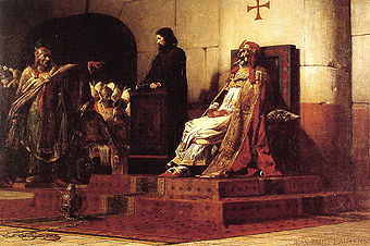 Papst Formosus und Stephan VI., Historisierende Phantasiedarstellung der Leichensynode in einem Gemälde von Jean-Paul Laurens, 1870