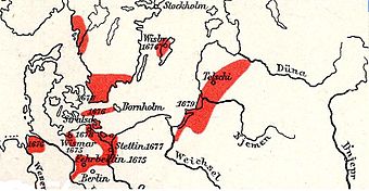 In Rot: Darstellung der umkämpften Gebiete zwischen 1674 und 1678 im Nordischen Krieg von 1674 bis 1679 Kartenausschnitt aus: F. W. Putzgers, Historischer Schul-Atlas, 1905
